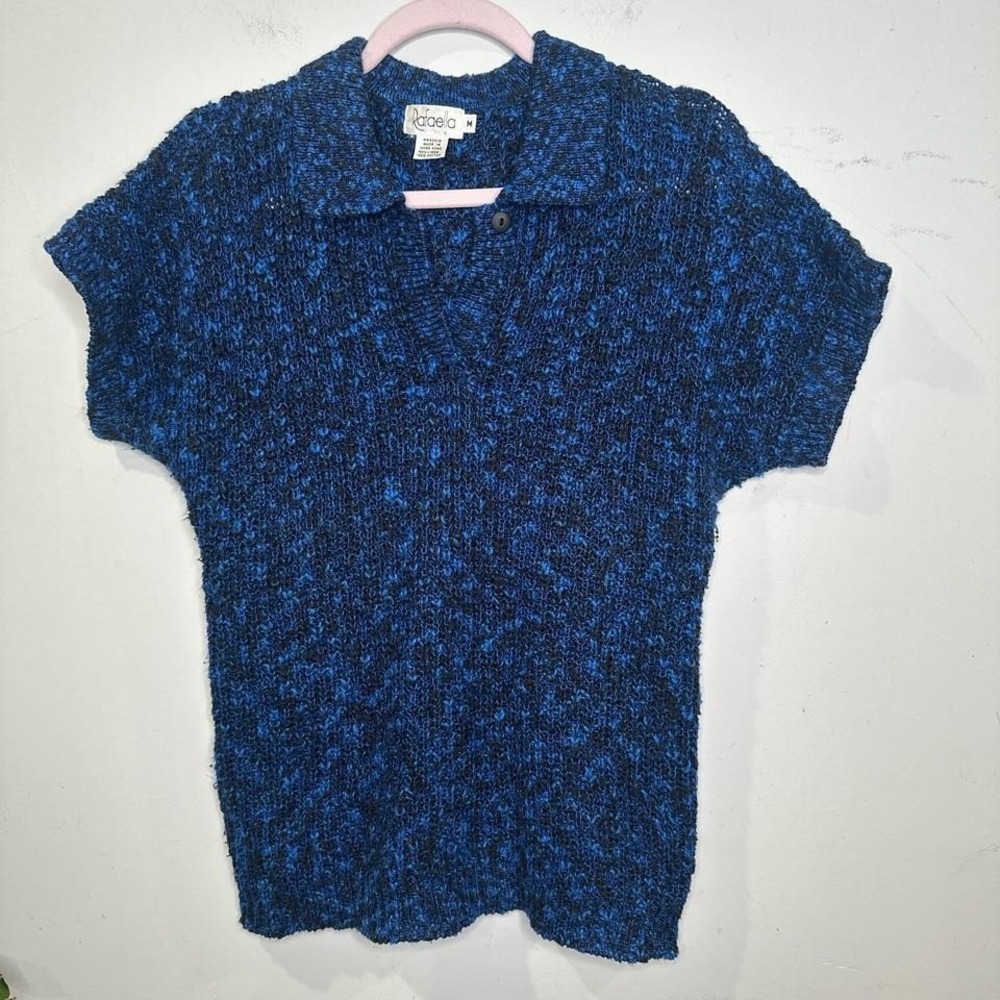 Coastal Grandmother Vintage Cotton blue black short sleeve summer sweater MEDIUM - Picture 4 of 8
